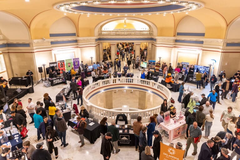 Film and Music day at the Oklahoma Capitol. Crowds of people fill the Capitol rotunda.