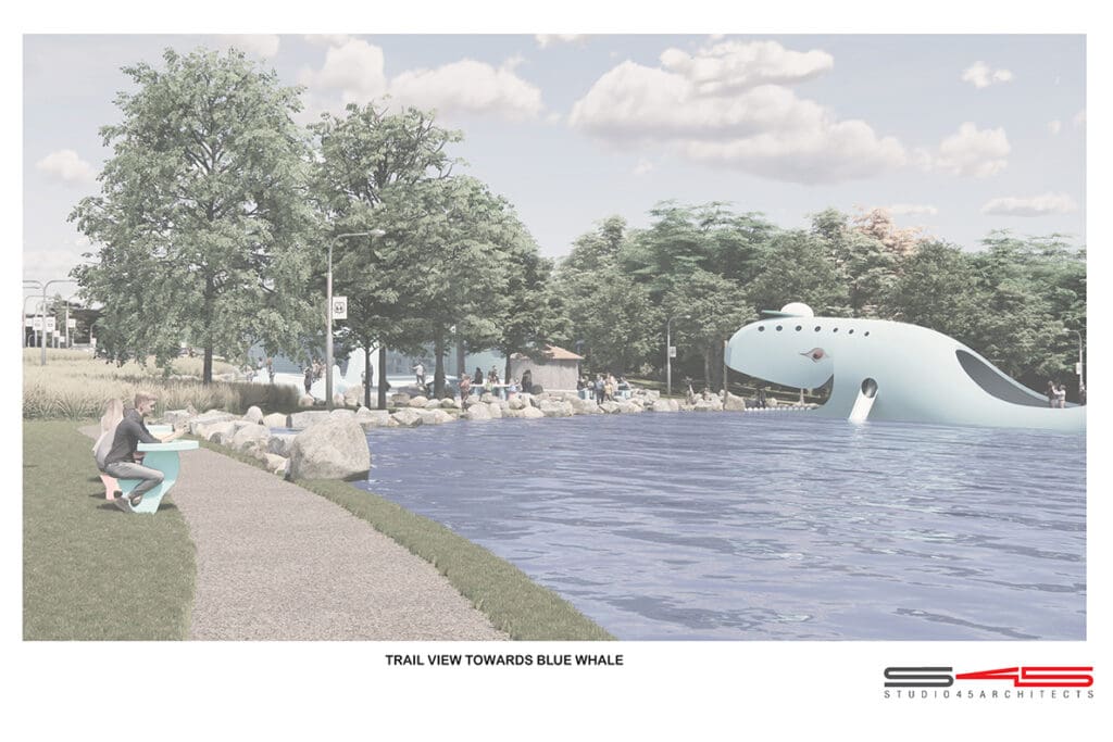 Featured Location May 2026 - Blue Whale of Catoosa. Rendering of the Blue Whale with a small lake surrounded by a sidewalk, trees and sitting areas.