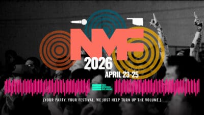 Card with text: Norman Music Festival April 23-25, 2026. Your Party. Your Festival. We just help turn up the volume.