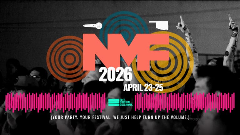 Card with text: Norman Music Festival April 23-25, 2026. Your Party. Your Festival. We just help turn up the volume.