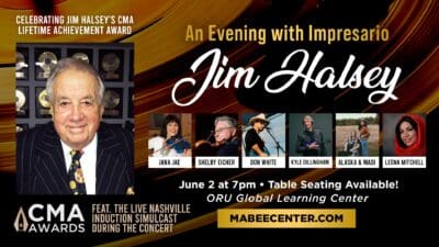 Card with text: An Evening with Impresario Jim Halsey June 2 at 7pm.